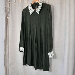 Silk Olive Shift Mini w/ Check Peter Pan Collar & Cuffs | English Ivy–Inspired